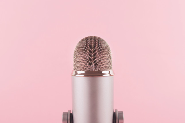 A microphone on pink background decorated. Minimal compostion.